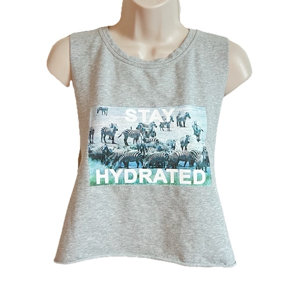 NEW Aerie Offline Cropped Muscle Tank Top Graphic Print Gray Crew Neck Small